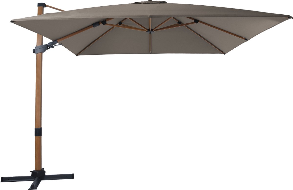 AXI Apollo Premium Zweefparasol 300x300 cm Houtlook/taupe incl. Hoes - Gepoedercoat aluminium frame met kruisvoet - 360° Draaibaar - Kantelbaar - UV werend doek (8720365063534)