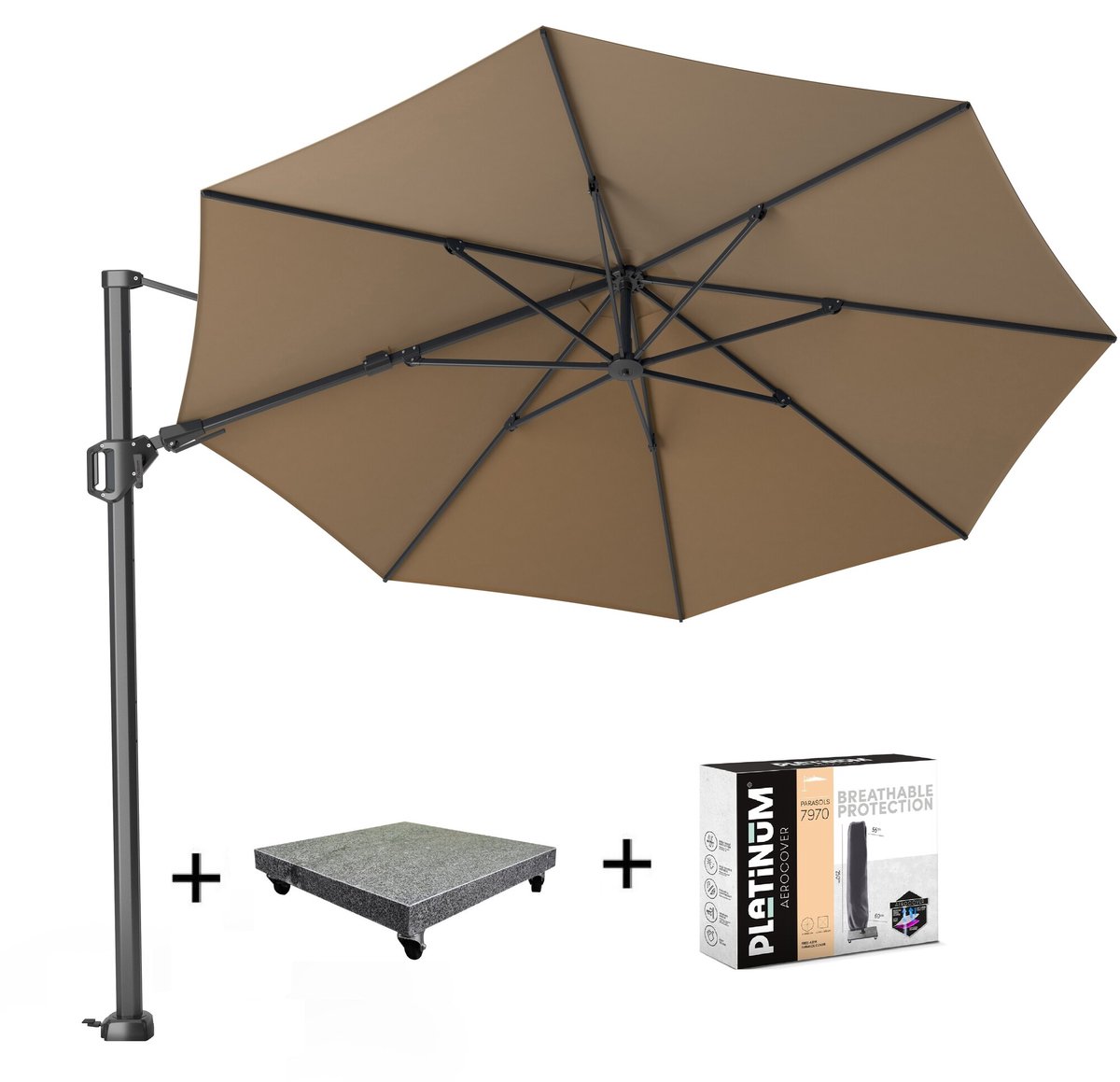 Challenger T2 zweefparasol 350 cm rond taupe met 90KG voet en hoes (8720848327030)