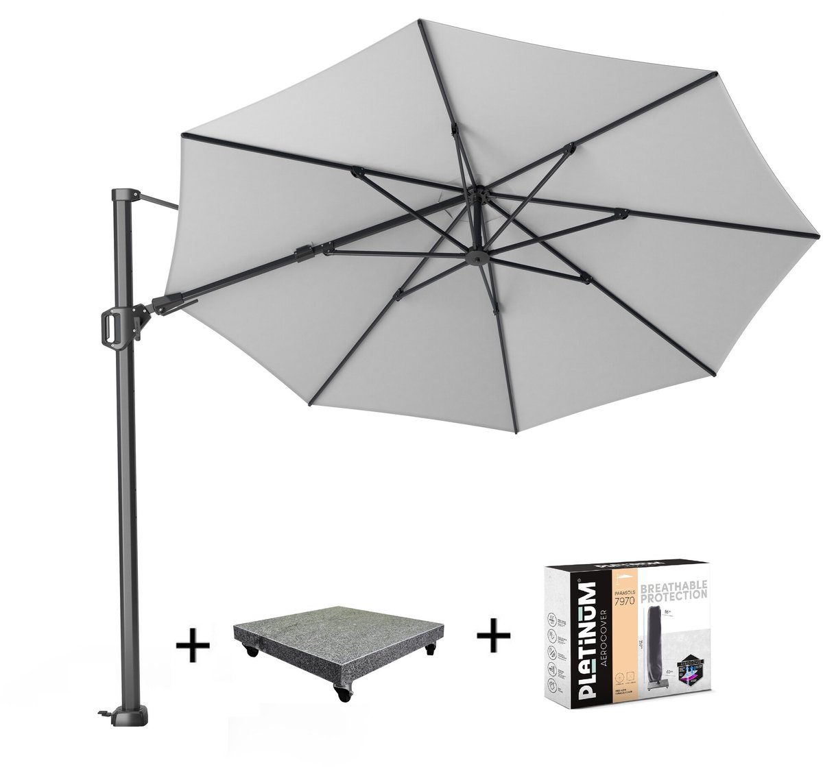 Challenger T2 zweefparasol 350 cm rond wit met 90KG voet en hoes (8720848326941)
