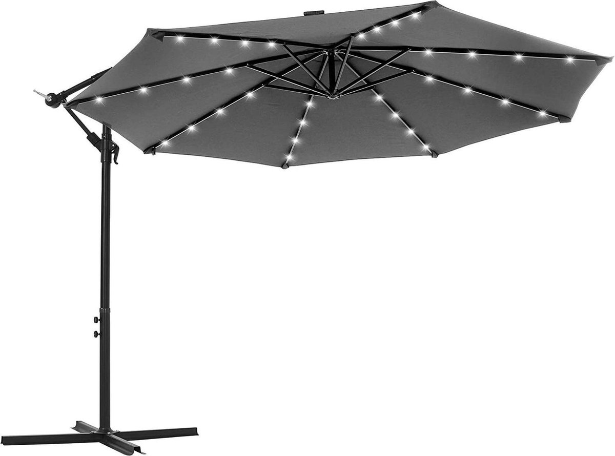 Your Home - Parasol met LED Verlichting Ø 3m - met Voet - Zweefparasol - op Zonne-energie - 32 LED Lampjes - UV-bescherming tot UPF 50+ - Tuin - Terras - Grijs (8785256674787)