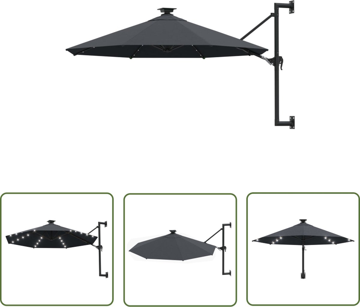 vidaXL Parasol - Wandparasol - Wandparasol met LED's 300 cm antracietkleurig - Buitenleven - Tuindecoratie - Led Lampjes (8721031282297)