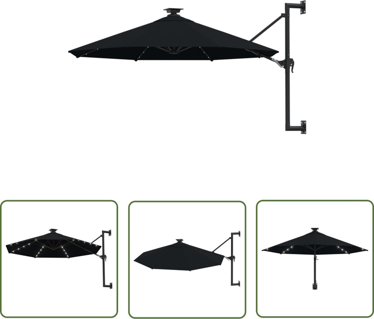 vidaXL Parasol - Wandparasol - Wandparasol met LED's 300 cm zwart - Led Lampjes - Tuindecoratie - Buitenleven (8721031267799)