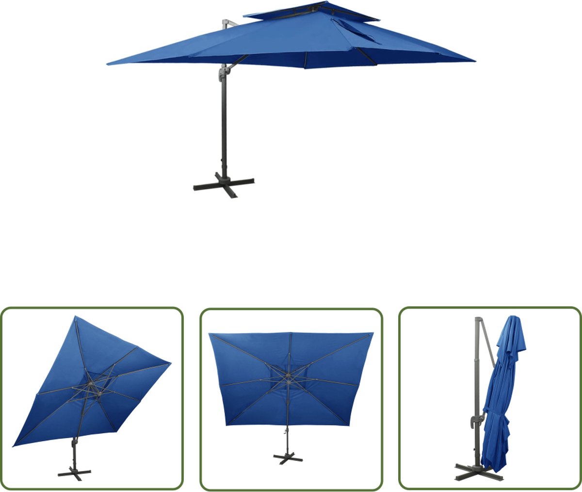 vidaXL Parasol - Zonwering - Zweefparasol met dubbel dak 400x300 cm azuurblauw - Buitenshuis - Tuindecoratie - Patio (8721031275756)
