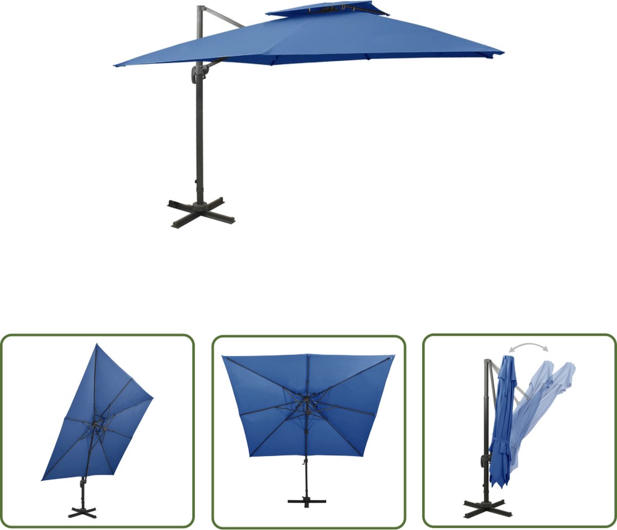 vidaXL Parasol - Zweefparasol - Zweefparasol met dubbel dak 300x300 cm azuurblauw - Buitendecoratie - Tuindecoratie - Tuinaccessoires (8721031287506)