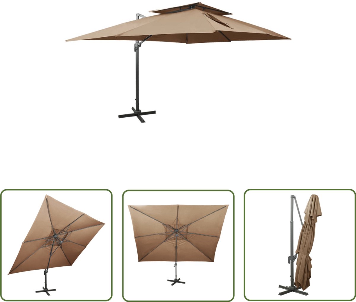 vidaXL Parasol - Zweefparasol - Zweefparasol met dubbel dak 400x300 cm taupe - Tuindecoratie - Buitendecoratie - Zonnewering (8025341126846)
