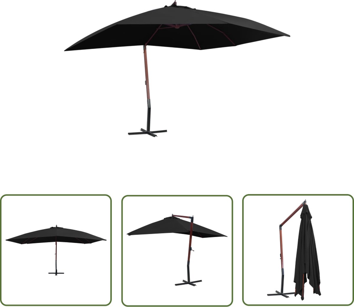 vidaXL Parasols - Zonwering - Zweefparasol met houten paal 400x300 cm zwart - Tuindecoratie - Buitendining - Patio Set (8721031277699)
