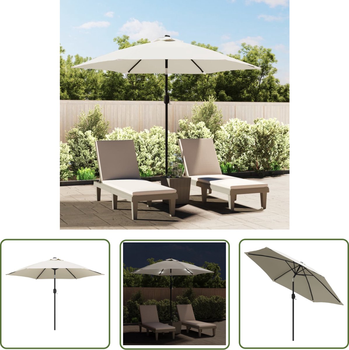 vidaXL Parasols - Zweefparasol - Zweefparasol met LED 3 m zandwit - Buitendining - Tuindecoratie - Led Verlichting (8721031276937)