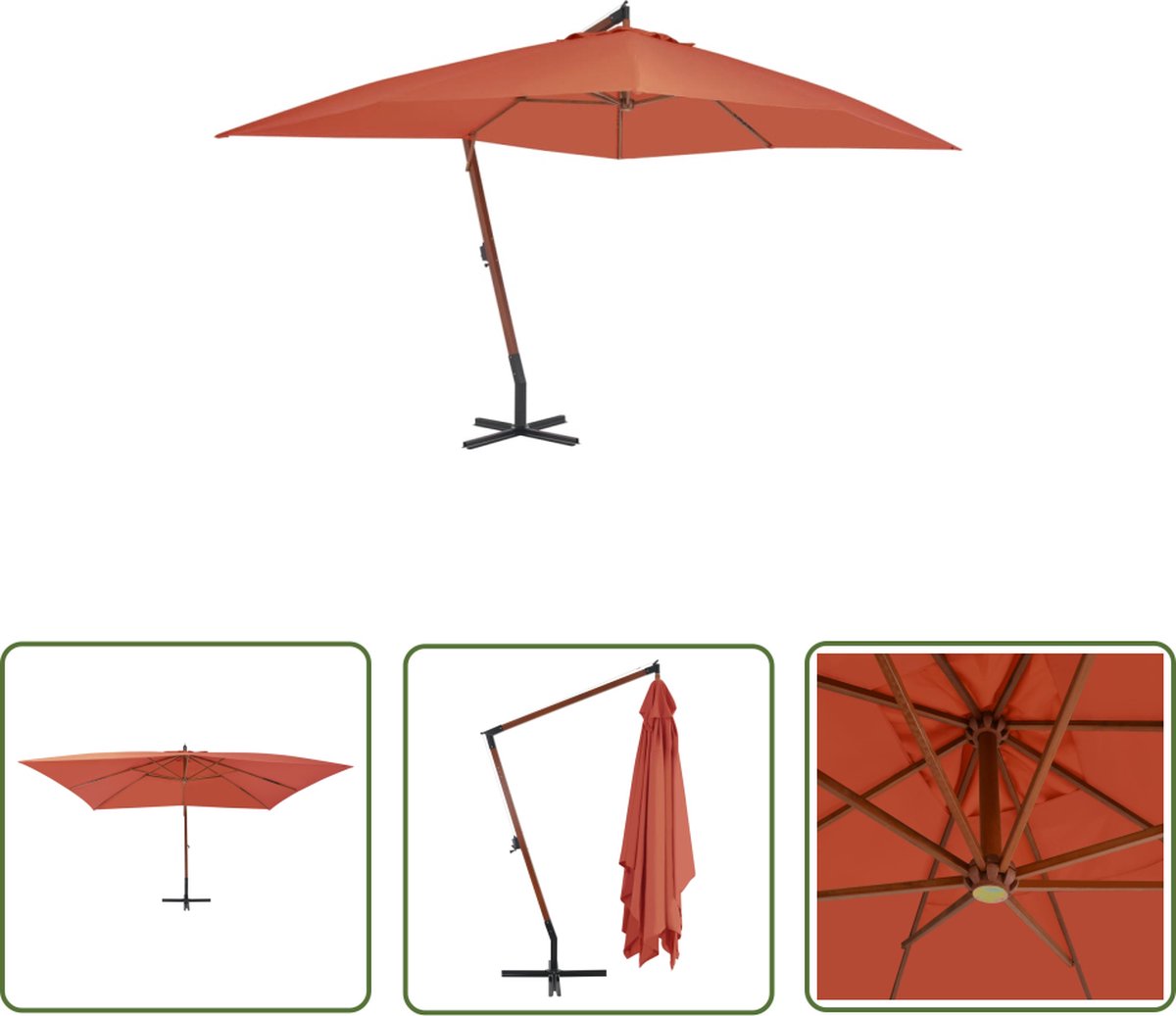 vidaXL Terrasdecoratie - Zweefparasol - Zweefparasol met houten paal 400x300 cm terracottakleurig - Buitenschutting - Zonnewering - Houten Parasol (8721031264675)