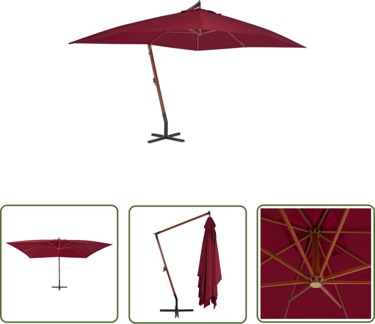 vidaXL Tuindecoratie - Zonwering - Zweefparasol met houten paal 400x300 cm bordeauxrood - Parasol - Balkondecoratie - Buitenterras (8721031278450)