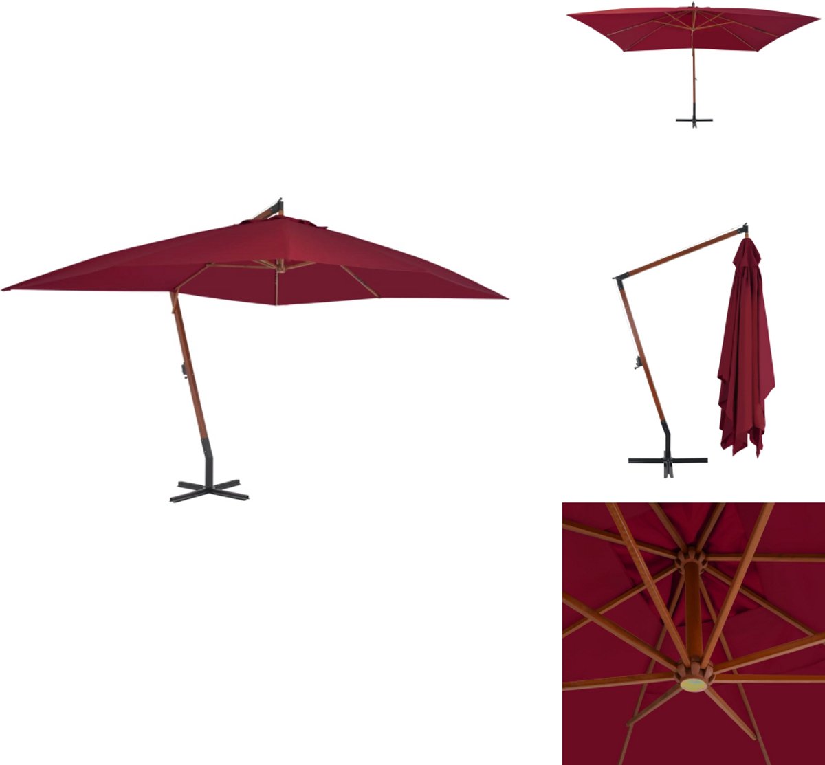 vidaXL Zweefparasol - Zweefparasols - Tuinparasol - Balkon Parasol - Zweefparasol met houten paal 400x300 cm bordeauxrood (8721032992300)