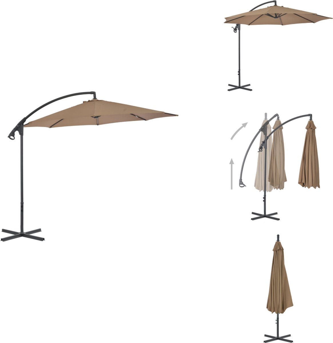 vidaXL Zweefparasol - Zweefparasols - Tuinparasol - Balkon Parasol - Zweefparasol met stalen paal 300 cm taupe (8721032985395)