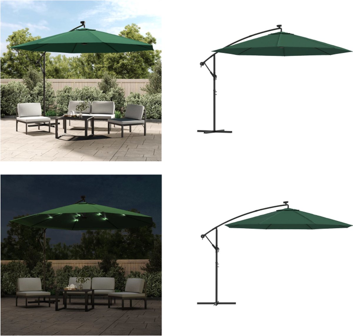 vidaXL Zweefparasol met LED-verlichting en metalen paal 350 cm groen - Zweefparasol - Zweefparasols - Tuinparasol - Balkon Parasol (8721115523162)