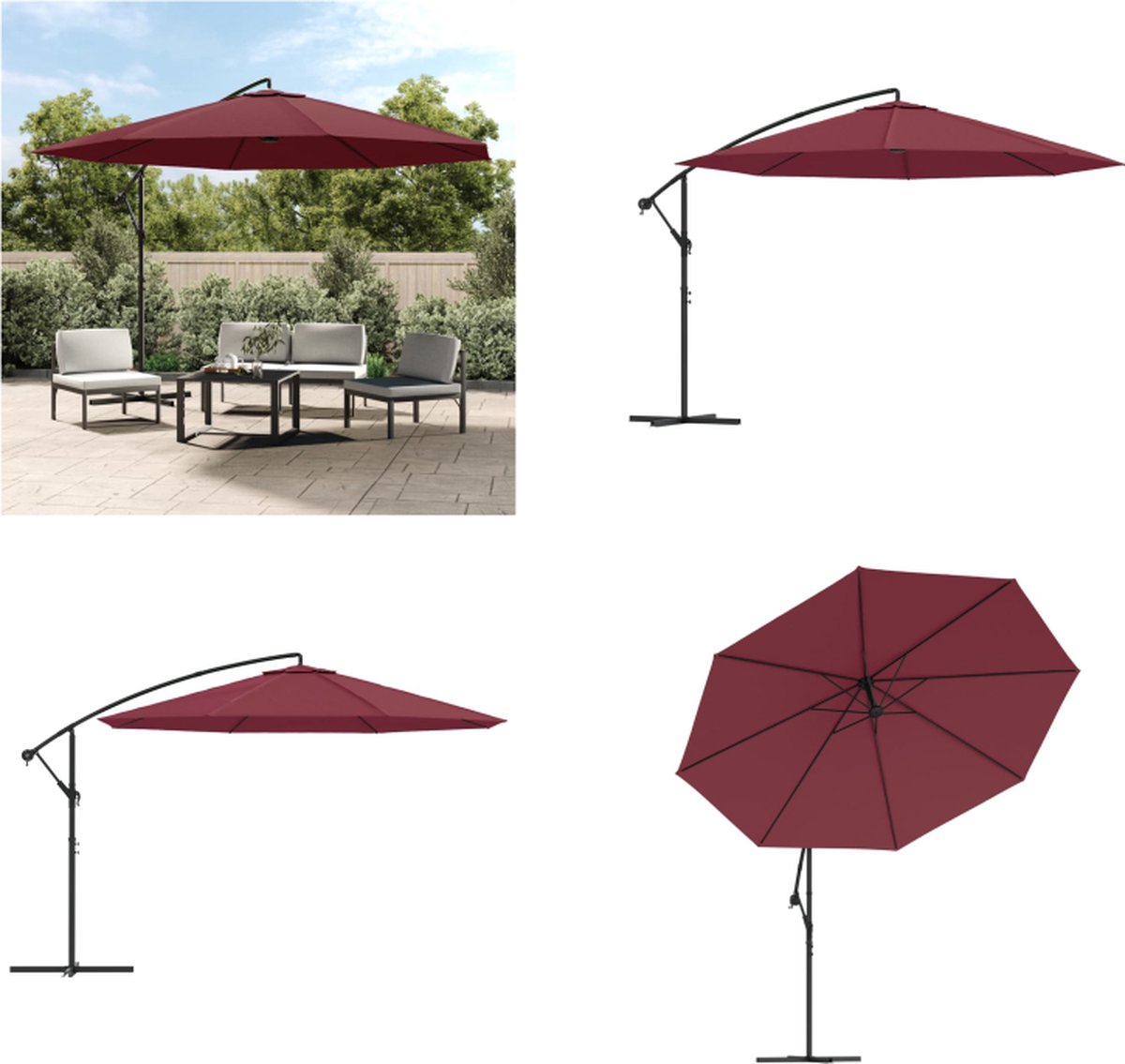 vidaXL Zweefparasol met aluminium paal 350 cm bordeauxrood - Zweefparasol - Zweefparasols - Tuinparasol - Balkon Parasol (8721115523452)
