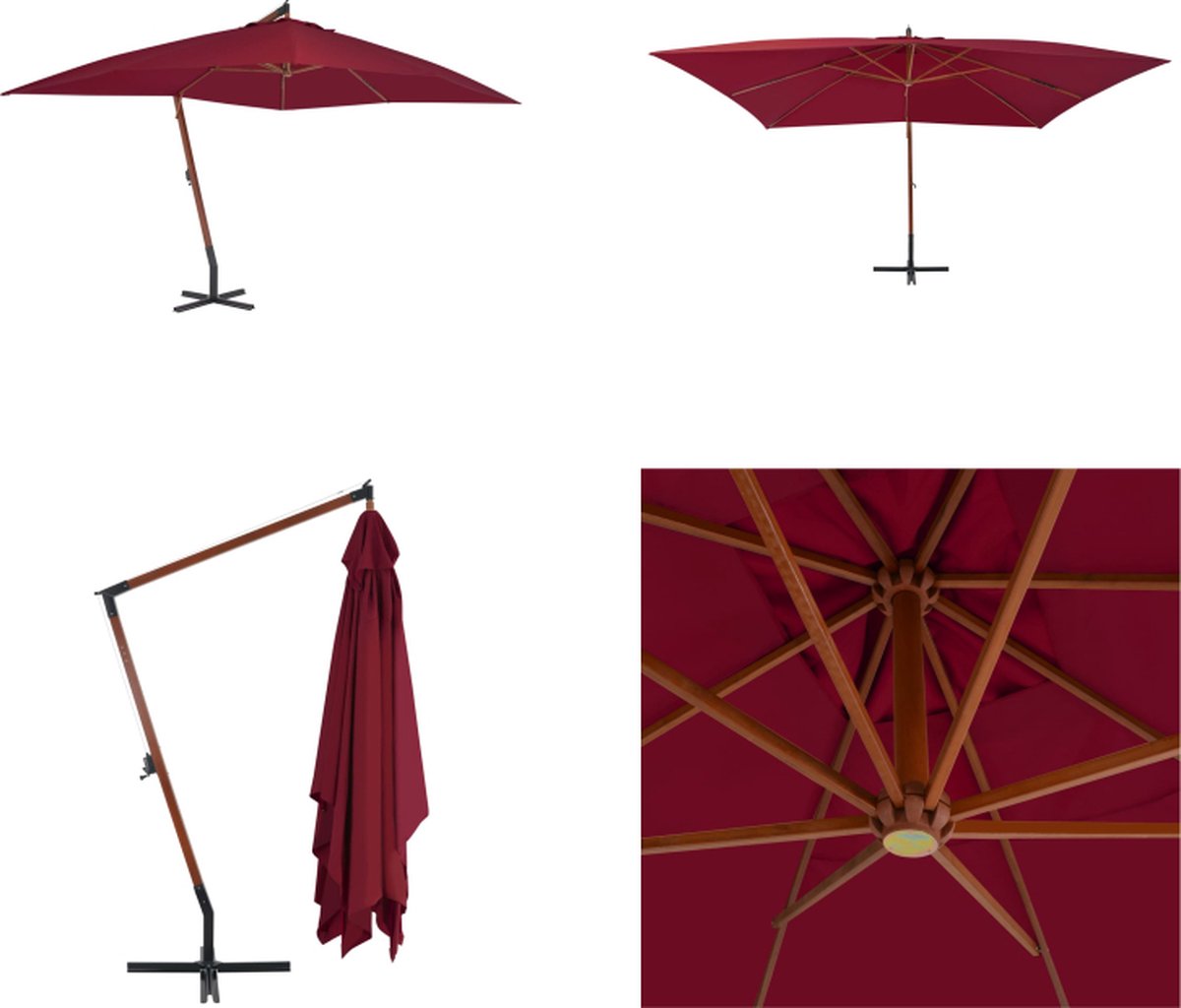 vidaXL Zweefparasol met houten paal 400x300 cm bordeauxrood - Zweefparasol - Zweefparasols - Tuinparasol - Balkon Parasol (8721115543788)