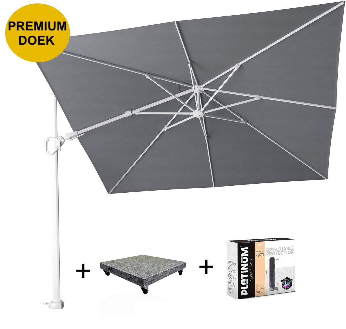 Challenger T2 premium zweefparasol 300x300 cm witte mast manhattan met 90KG voet en hoes (8720848329713)