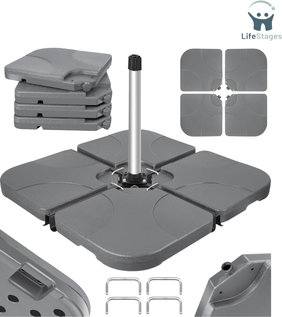 LifeStages - Parasoltegels - Parasoltegel Parasolvoet 4-Delig - Parasolvoet Voor Zweefparasol - Vulbaar Tot 60 Liter Met Water Of Zand 80 Kg - Paraplugewicht Kunststof Inclusief Metalen Verbindingsstukken - Grijs (8721197559158)