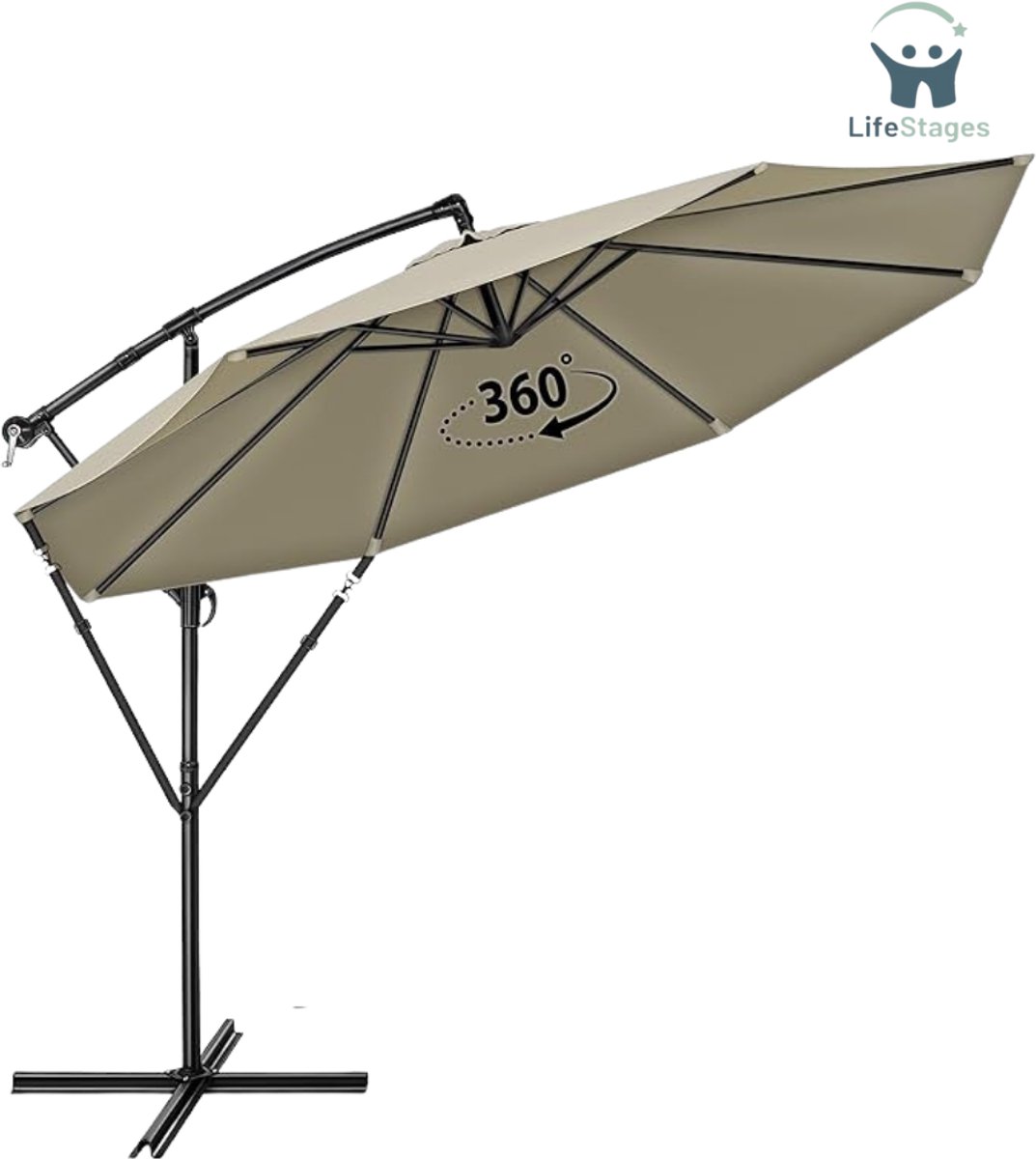 LifeStages - Zweefparasol Met Voet - 300 CM Met Zwengel - Hoes - Windbescherming - Vrijdragende Parasol Met Standaard - Tuinscherm UV-Bescherming - Aluminium Zonnescherm - Waterdicht Marktscherm (8721197564039)