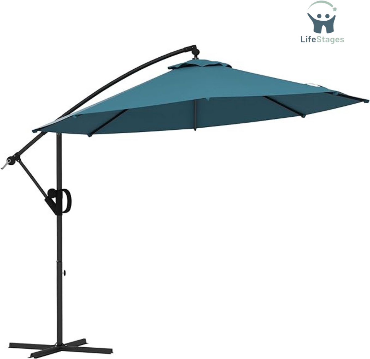 LifeStages - Zweefparasol Met Voet - Achthoekige Vrijdragende Parasol - Kantelbaar - Buitenparasol - Ø 2,93 X 2,60 M - Met Zwengel - UV-Bescherming - Voor Balkon - Terras - Aluminium Voet (8721197564077)