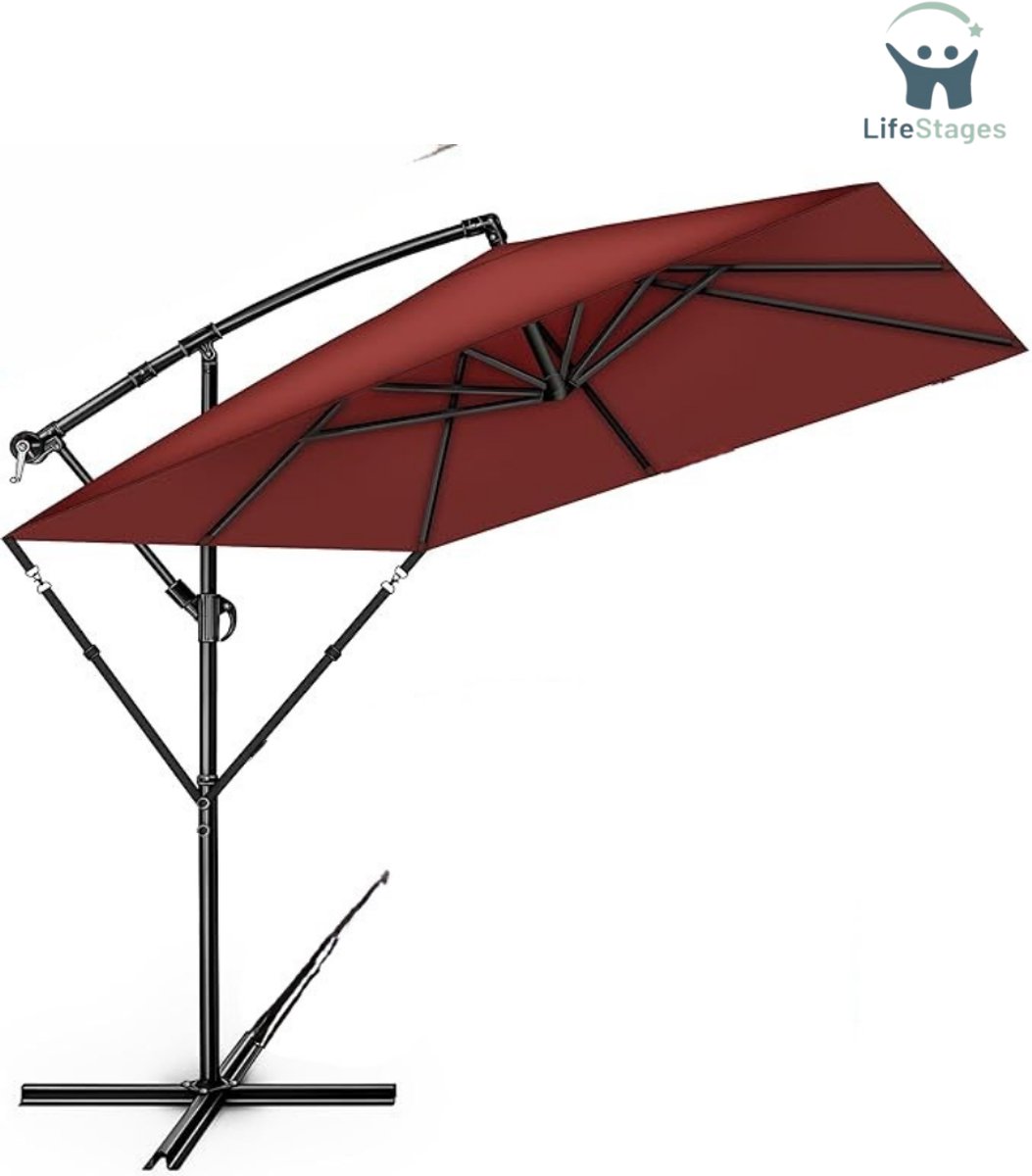 LifeStages - Zweefparasol Met Voet - Rechthoekige Ø 330 CM - Hoes Met Zwengel - Sledeparasol Met Staander En Windscherm - UV-Bescherming - Waterdicht - 360 Graden Draaibaar (8721197564060)