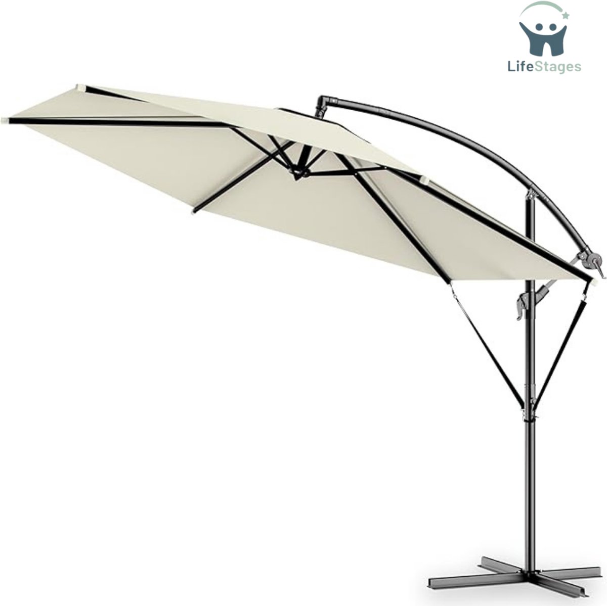 LifeStages - Zweefparasol Met Voet - UV-Bescherming 80+ Ø 300 CM Met Voet Beschermhoes Windbescherming Kantelbare Ronde Zwengel Tuin Balkon Parasol - Crème (8721197564022)
