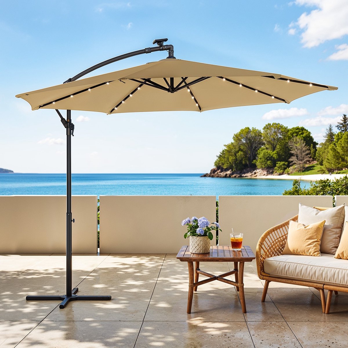 Parasol - Ø300 cm - Zweefparasol - Met LED-Zonneverlichting - 32 LED-Lampjes (9502484995953)