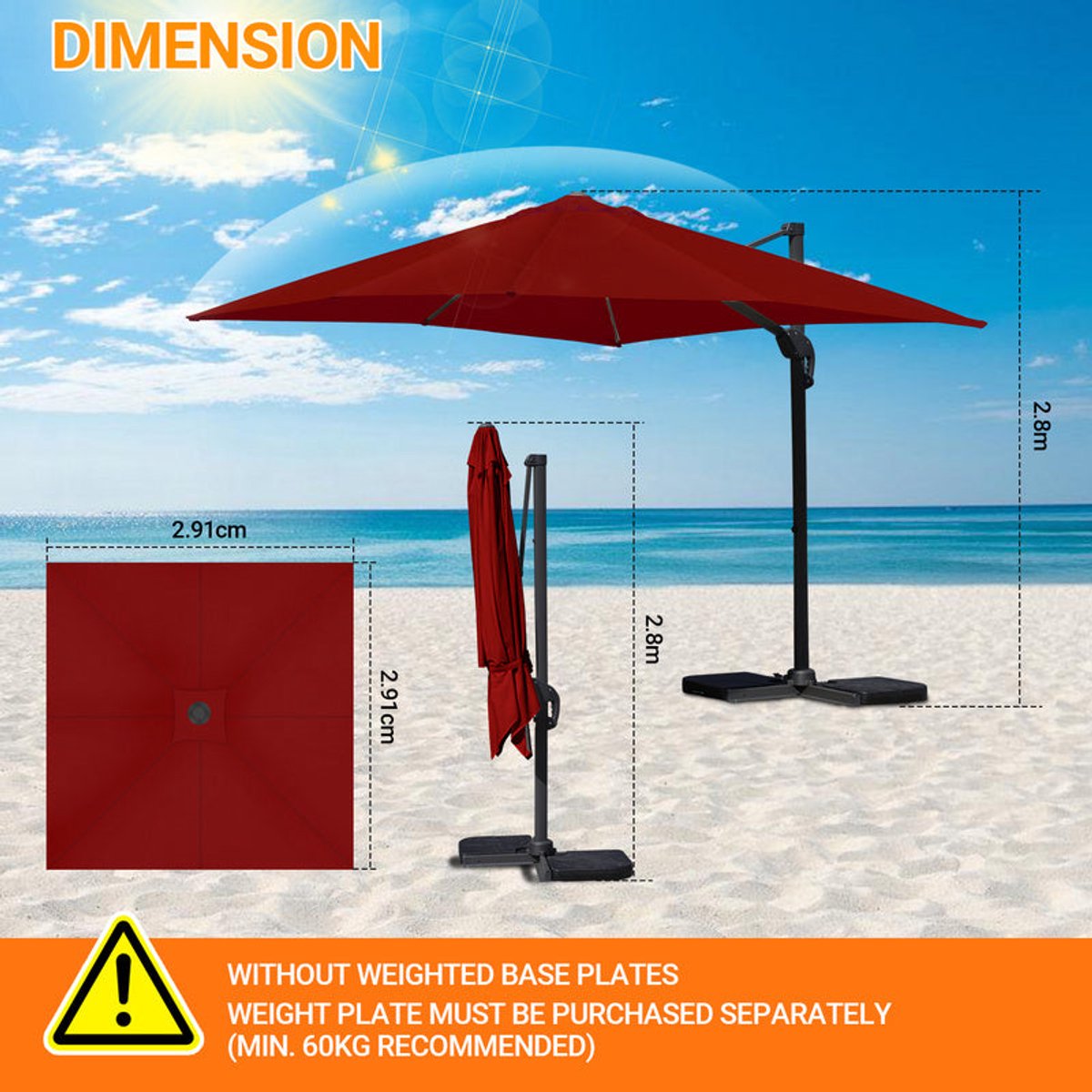 Parasol - Terrasparasol - Zweefparasol - Marktparasol - Strandparasol - 330 cm Vierkant - Aluminium Frame - Kantelbare Arm - 360° Draaibaar - Met Zwengel - Stevige Voet - Rood/Grijs/Beige/Groen (8721391181674)