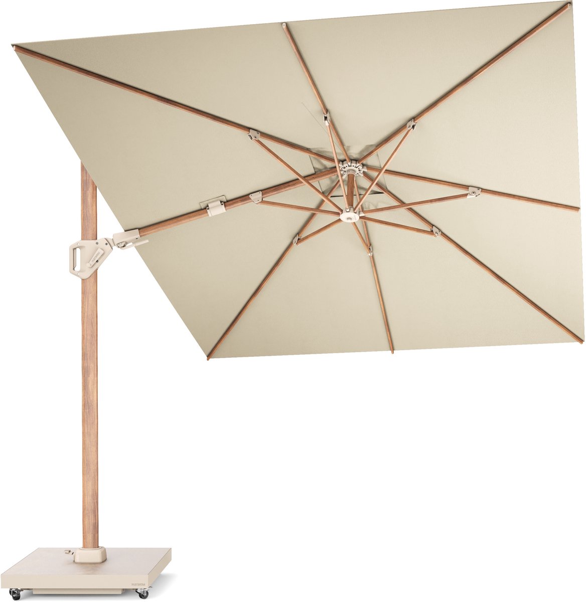 Platinum Sun & Shade - Zweefparasol - Challenger T² Premium - 350x260 cm - Teak look - Champagne - Dubbel Kantelbaar - 360° Draaibaar - 98% UV protectie (8721077130484)