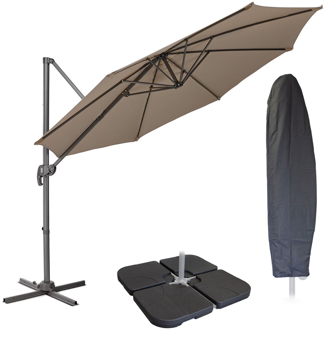 SVITA Zweefparasol 3m met beschermhoes - Parasolstandaard opvulbaar 4-delig Kantelparasol Zwenkparasol Taupe (4250815325423)