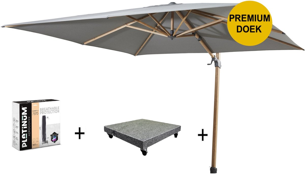 Siesta premium zweefparasol 300x300 cm houtlook charcoal 4 Seasons Outdoor met 90KG voet en hoes (8720848330290)