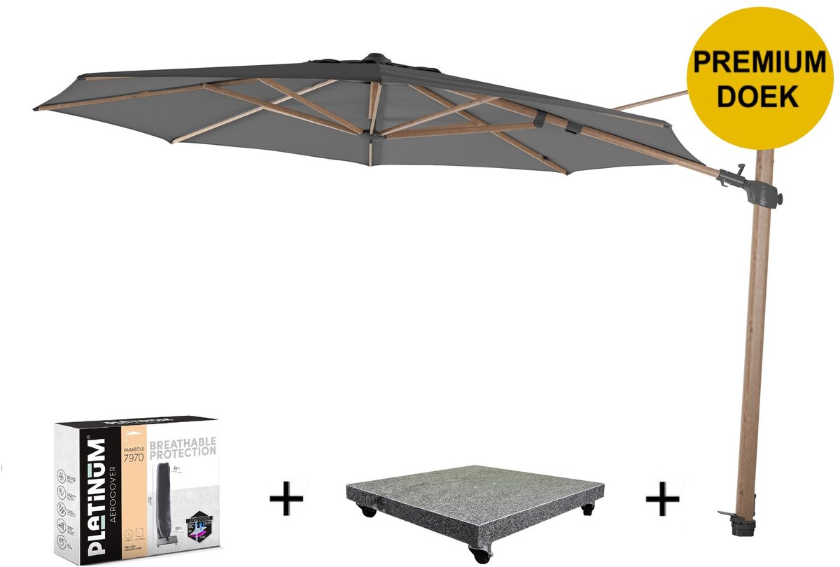 Siesta premium zweefparasol 350 cmØ houtlook frame charcoal met 90KG voet en hoes 4 seasons outdoor (8720848329706)