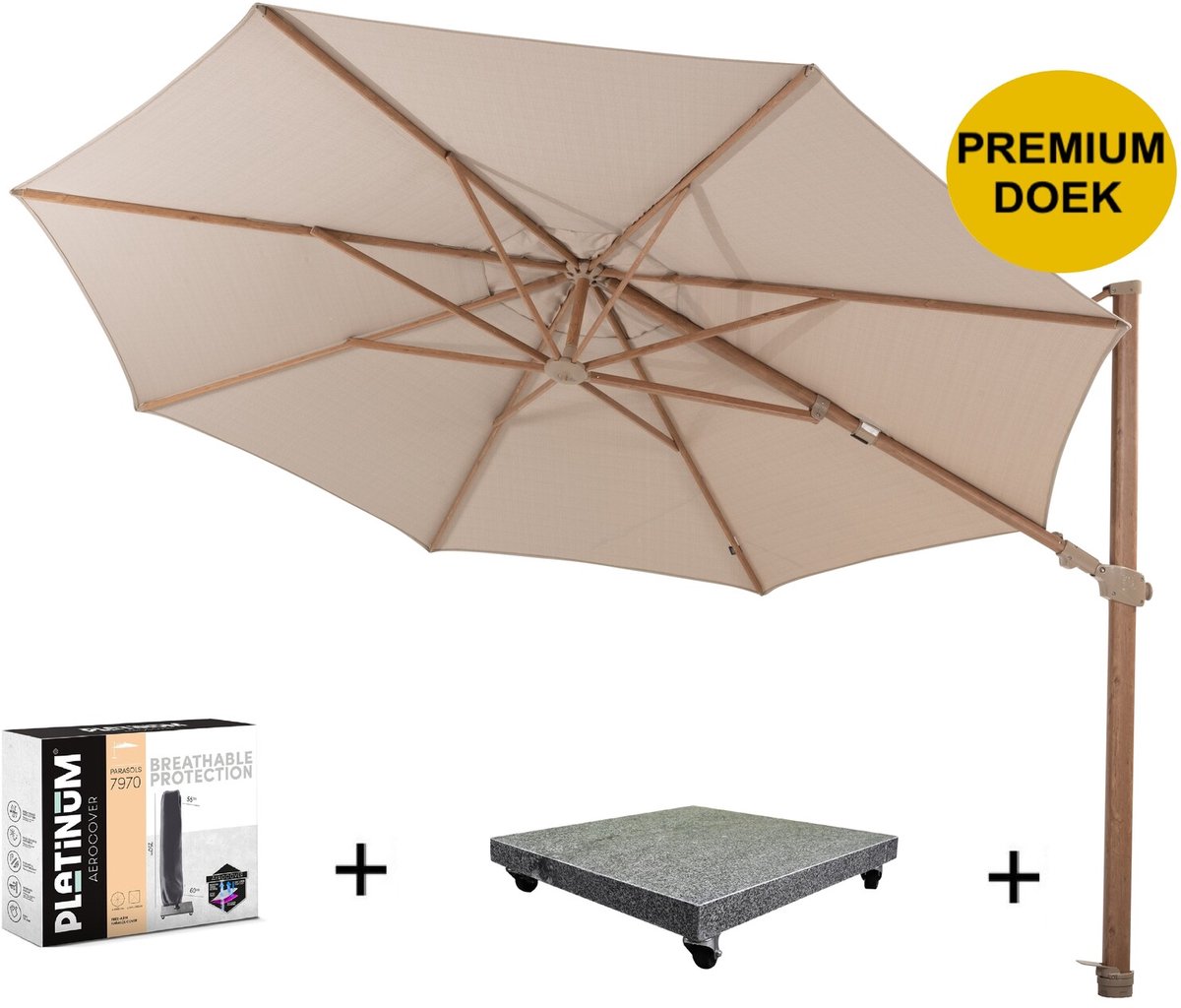 Siesta premium zweefparasol 350 cmØ houtlook frame sand 4 Seasons Outdoor met 90 kg voet en hoes (8720848329690)