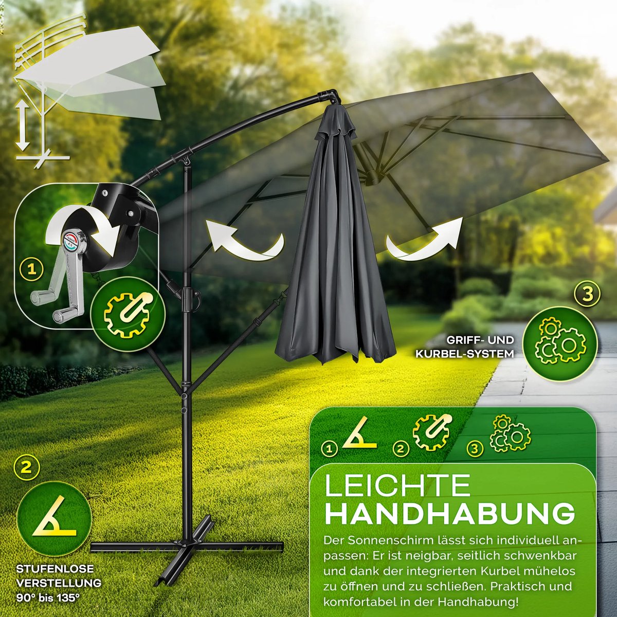 Tillvex® Aluminium Zweefparasol 330 cm - Rechthoekig - Met Beschermhoes, Standaard & Windvang - 360° Draaibaar, UV-bescherming, Waterafstotend (4262436444797)