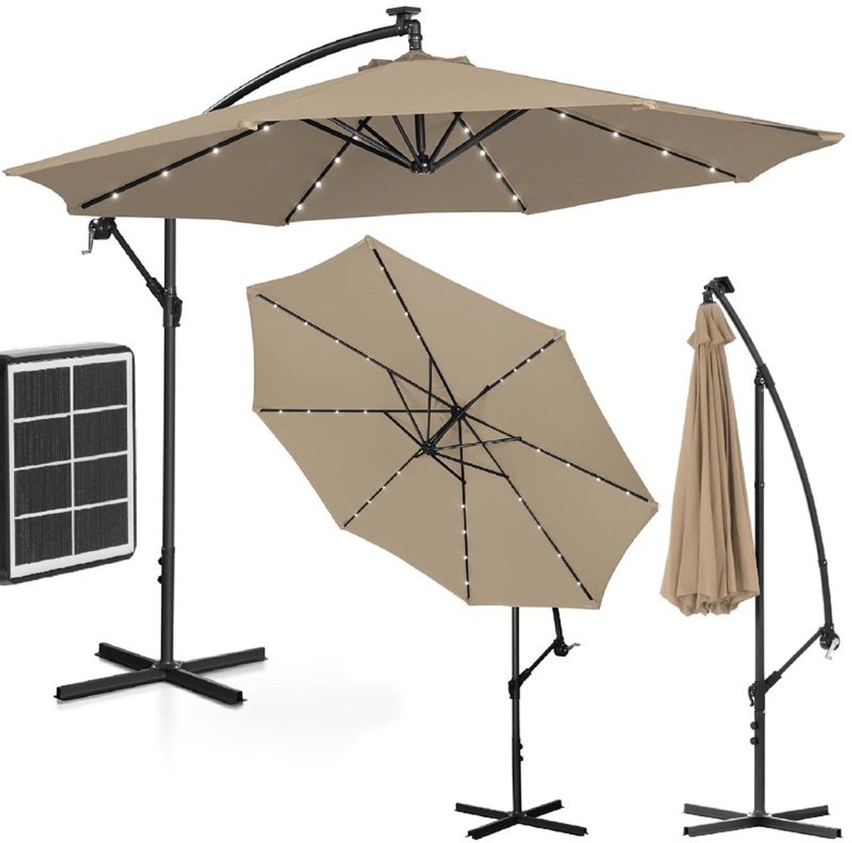 Tuinparasol - Zweefparasol - Stokparasol - Balkonparasol - Strandparasol - Rond - 300 cm - Inklapbaar met LED-verlichting (8721391163960)