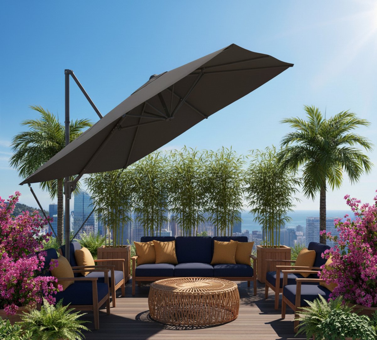 Zweefparasol 270x270 cm met Slinger en Kruisvoet - Industrial Home Luxe Draaibare Tuinparasol - UPF 50+ UV-bescherming - 360° Draaibaar & Kantelbaar - Staal & Polyester 180 g/m² - Grijs (9501471737644)