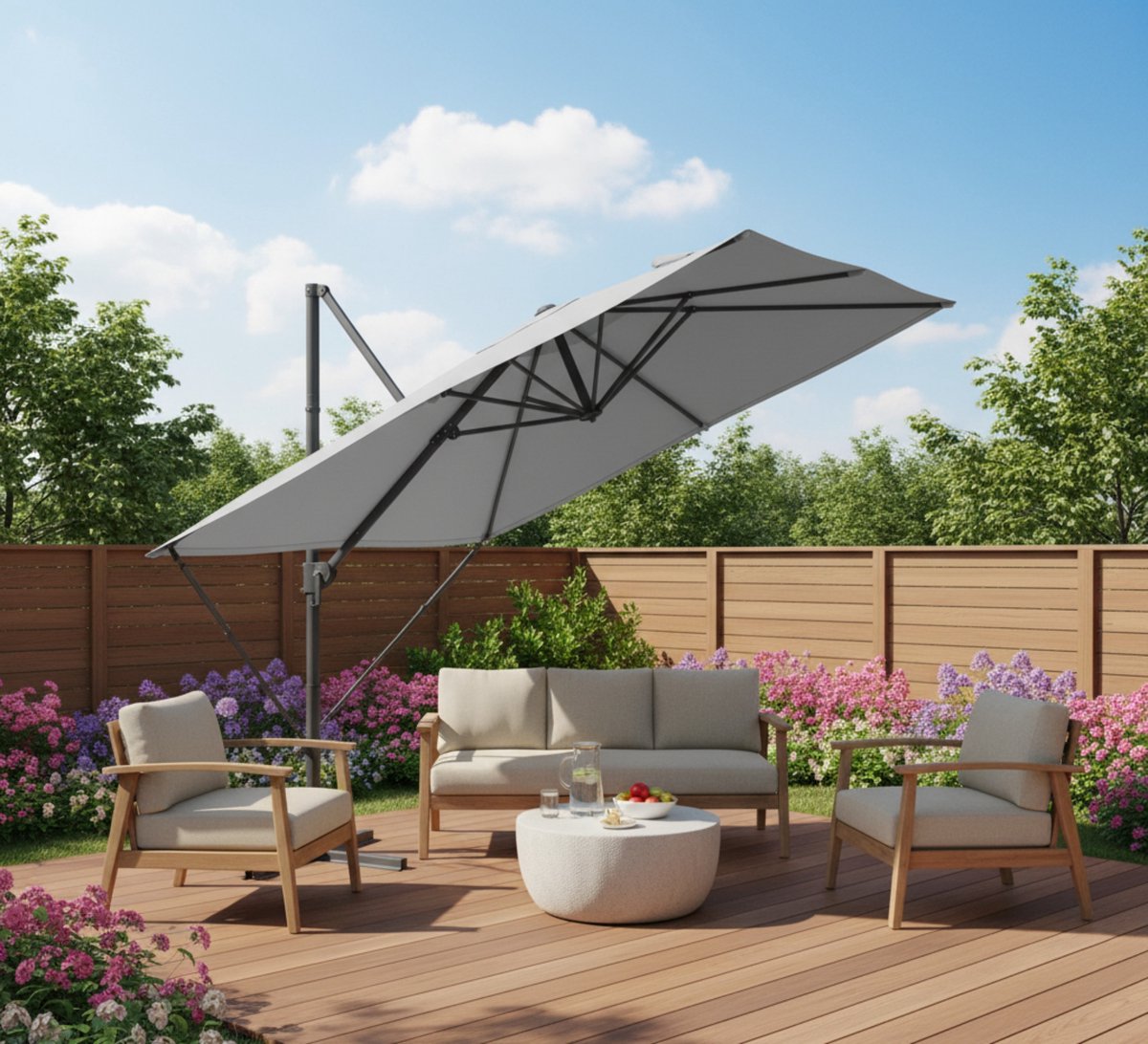Zweefparasol 270x270 cm met Slinger en Kruisvoet - Industrial Home Luxe Draaibare Tuinparasol - UPF 50+ UV-bescherming - 360° Draaibaar & Kantelbaar - Staal & 180g Polyester - Duifgrijs (9503313885544)