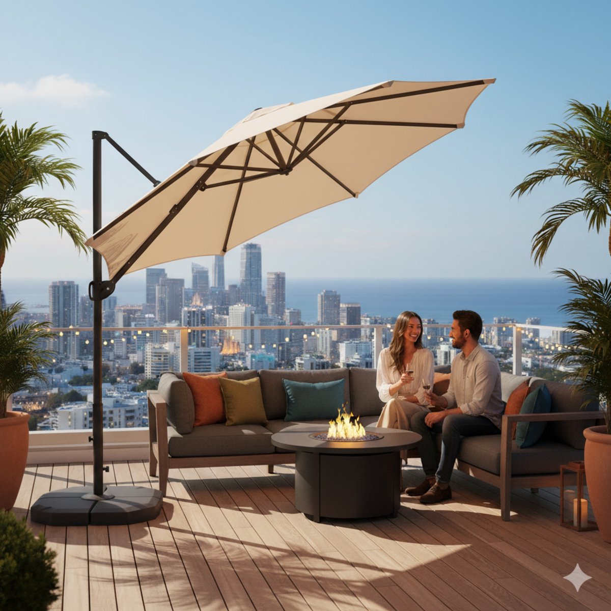 Zweefparasol 300 cm - Industrial Home Luxe Cantilever Tuinparasol met 28 Solar LED Lampjes - UPF 50+ UV-bescherming - 360° Draaibaar & Traploos Kantelbaar - Zwengelbediening - Inclusief Kruisvoet - Crèmewit (9505633411175)