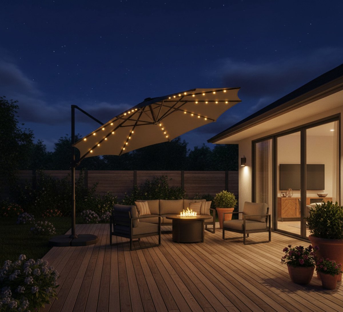 Zweefparasol 300 cm met 28 Solar LED-lampjes - Industrial Home Luxe Cantilever Tuinparasol - 360° Draaibaar, UPF 50+ UV-bescherming, Kantelbaar met Zwengel - Grijs - Inclusief Kruisvoet - Staal & Polyester 180 g/m² (9503781118755)