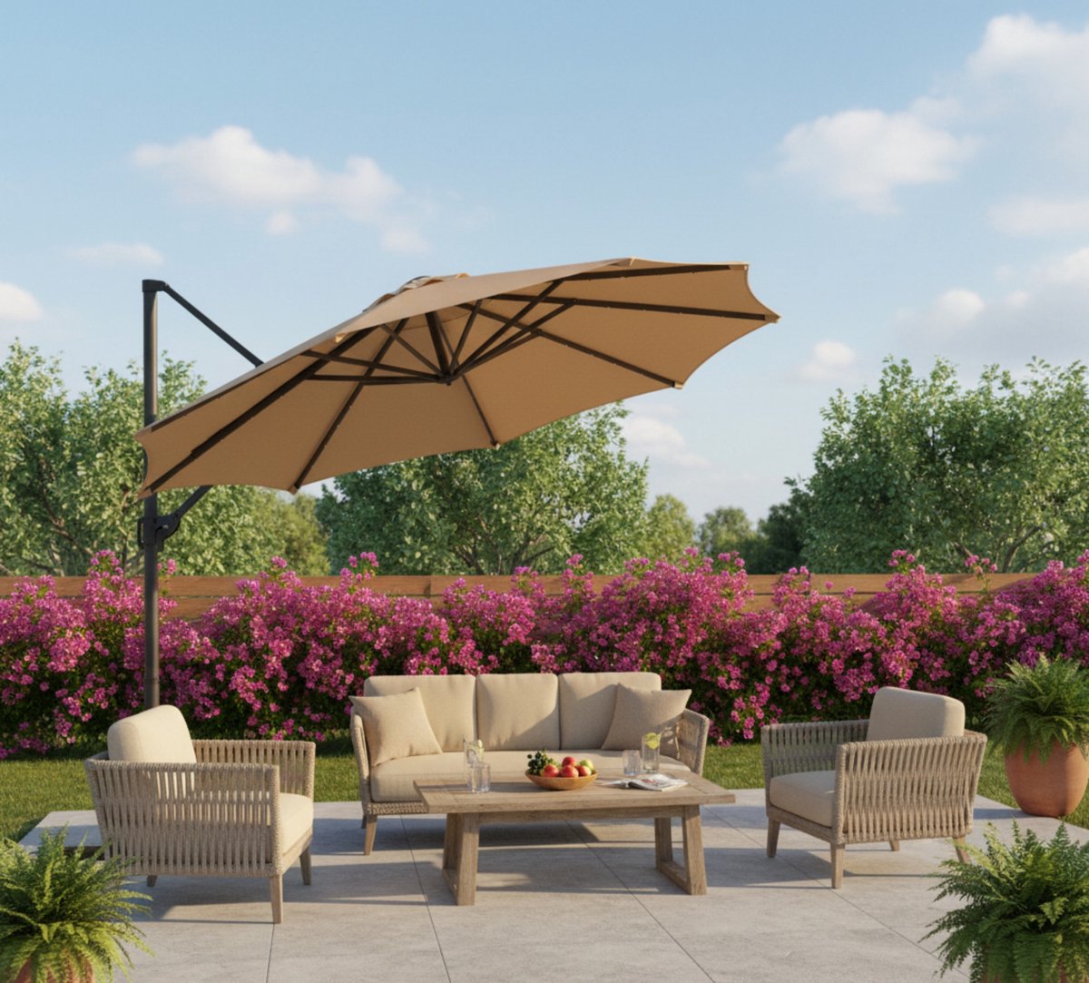 Zweefparasol Industrieel Design - Industrial Home Luxe Cantilever Tuinparasol 300 cm - 28 Solar LED Lampjes, 360° Draaibaar, Traploos Kantelbaar, Zwengelbediening, UPF 50+ - Kameelbruin met Kruisvoet (9504773238666)