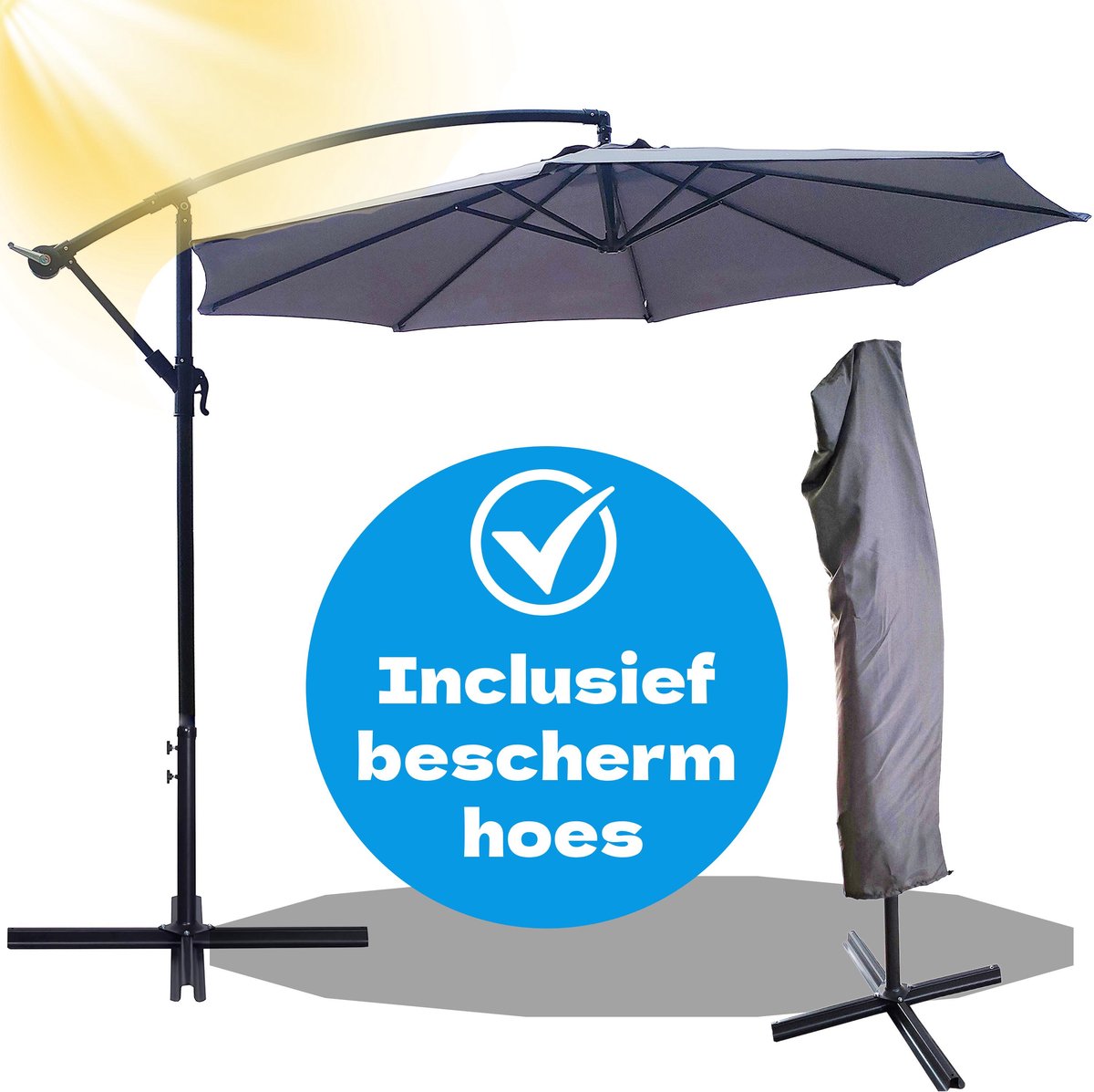 Zweefparasol Ø300 cm - Hoes en Kruisvoet - Tuinparasol - UV Bescherming - Waterdicht - Grijs - Silvergear (8711568101031)