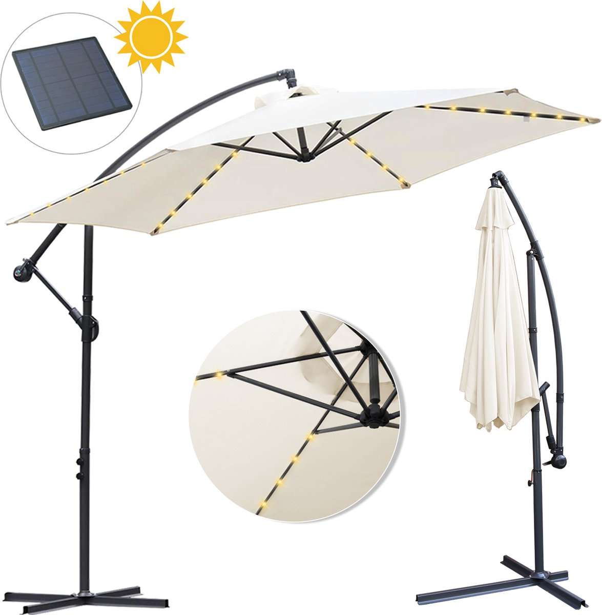 Zweefparasol - Strandparasols - Balkonparasols - Solar LED parasol Waterdicht - Parasol - Parasols - Ø 300cm - 3m - Tuinparasol - Zonne-energie - beige- Draai- en Kantelbaar - 360° draaibaar - Duurzame Zweefparasol - Met voet (9784297942342)