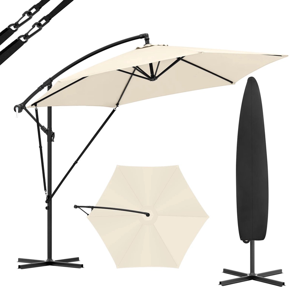 Parasol - Zweefparasols - Tuinparasol - Balkonparasol - Recht Kantelbaar - UV-bestendig - Duurzaam - Waterdicht - voor Buiten - Tuin - Terrastafel - Rond - Polyester -310 x 310 cm - Beige (8721359016642)