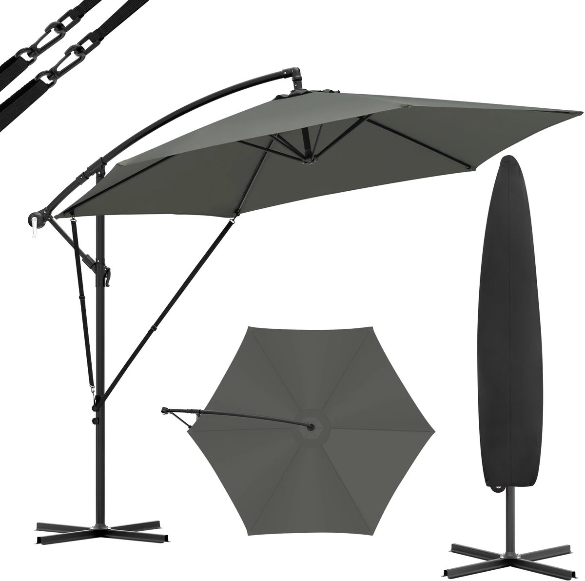Parasol - Zweefparasols - Tuinparasol - Balkonparasol - Recht Kantelbaar - UV-bestendig - Duurzaam - Waterdicht - voor Buiten - Tuin - Terrastafel - Rond - Polyester -310 x 310 cm - Donkergrijs (8721359016635)