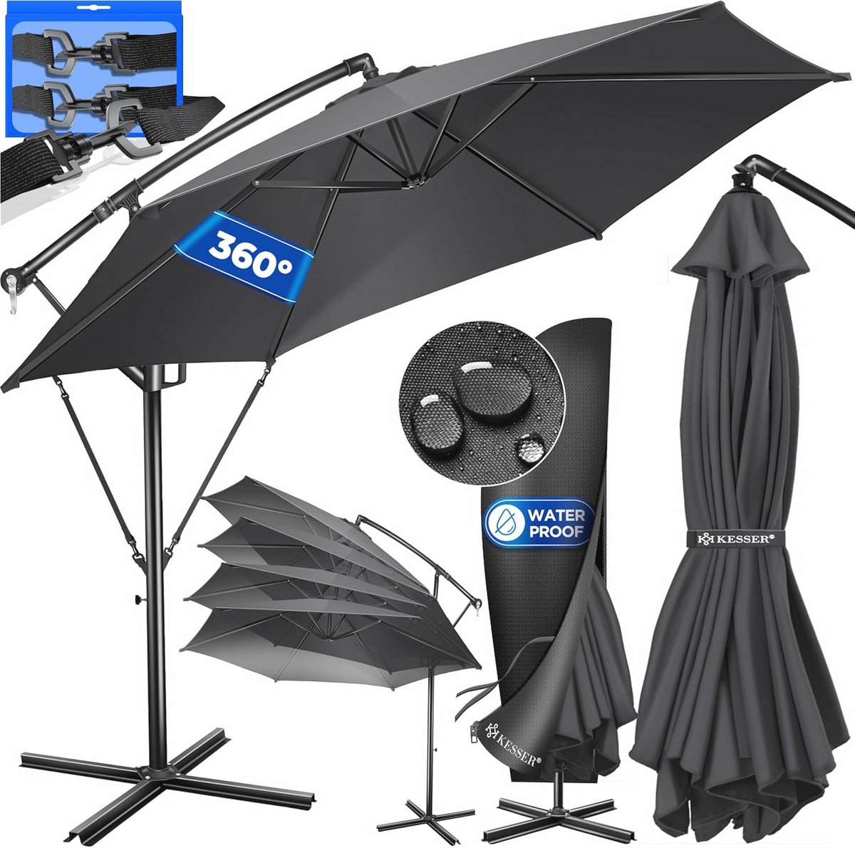 Aluminium Zweefparasol met Afdekking en Windscherm - UV-Bestendig en Waterafstotend (6151847999942)