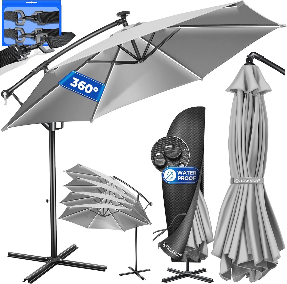 Aluminium Zweefparasol met Ledverlichting op Zonne-energie - 350 cm - Inclusief Afdekking en UV-bescherming (6151852975931)
