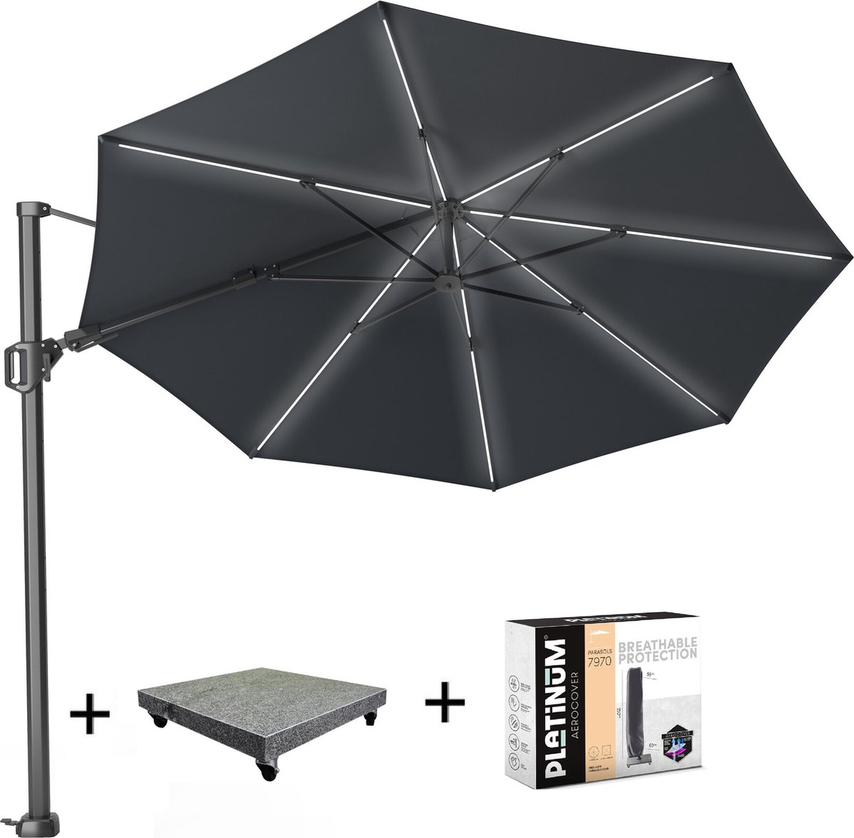 Challenger T2 glow zweefparasol 350 cm rond antraciet met 120KG voet en hoes (8720848326903)