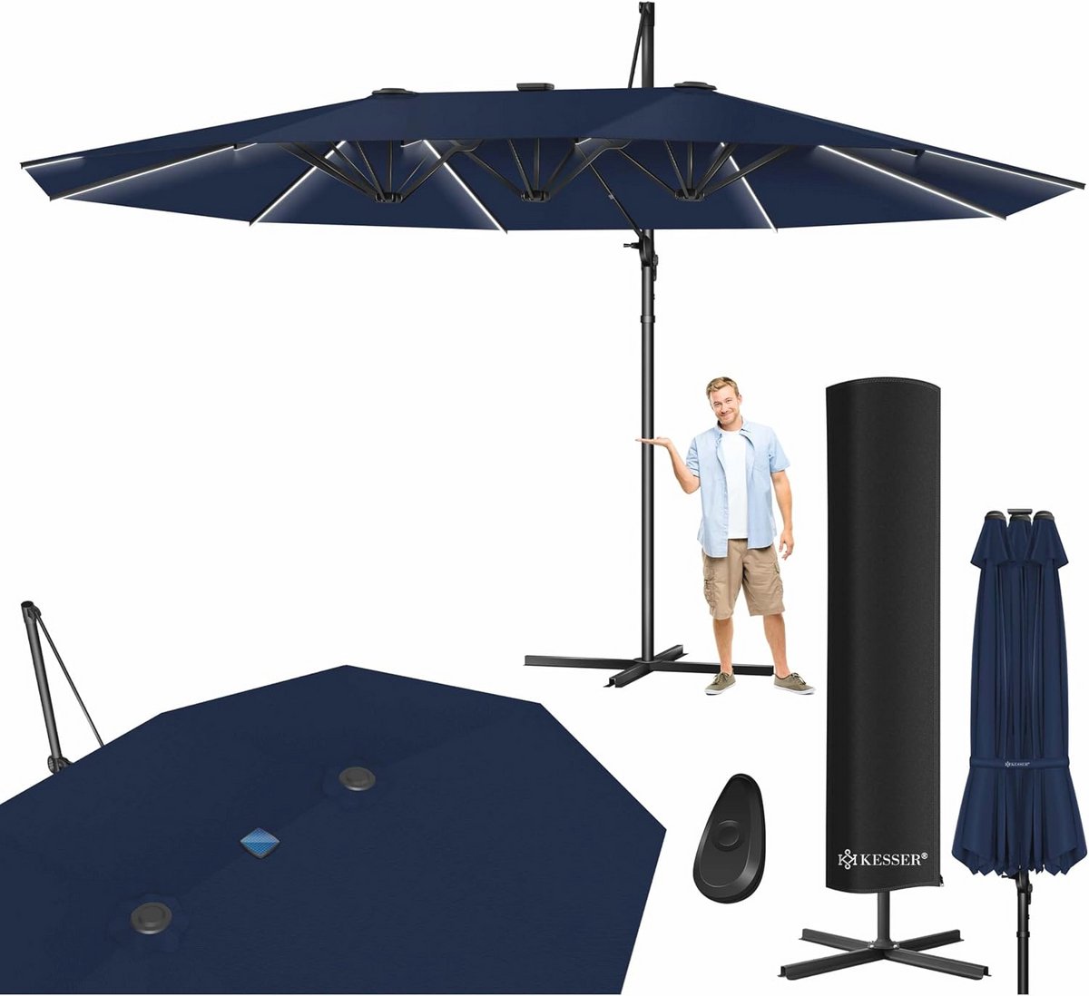 Dubbele Parasol 460 x 270 cm | Zweefparasol met beschermhoes en windscherm | Kantelbare Aluminium Parasol | Waterafstotend en Draaibaar (9101018378288)