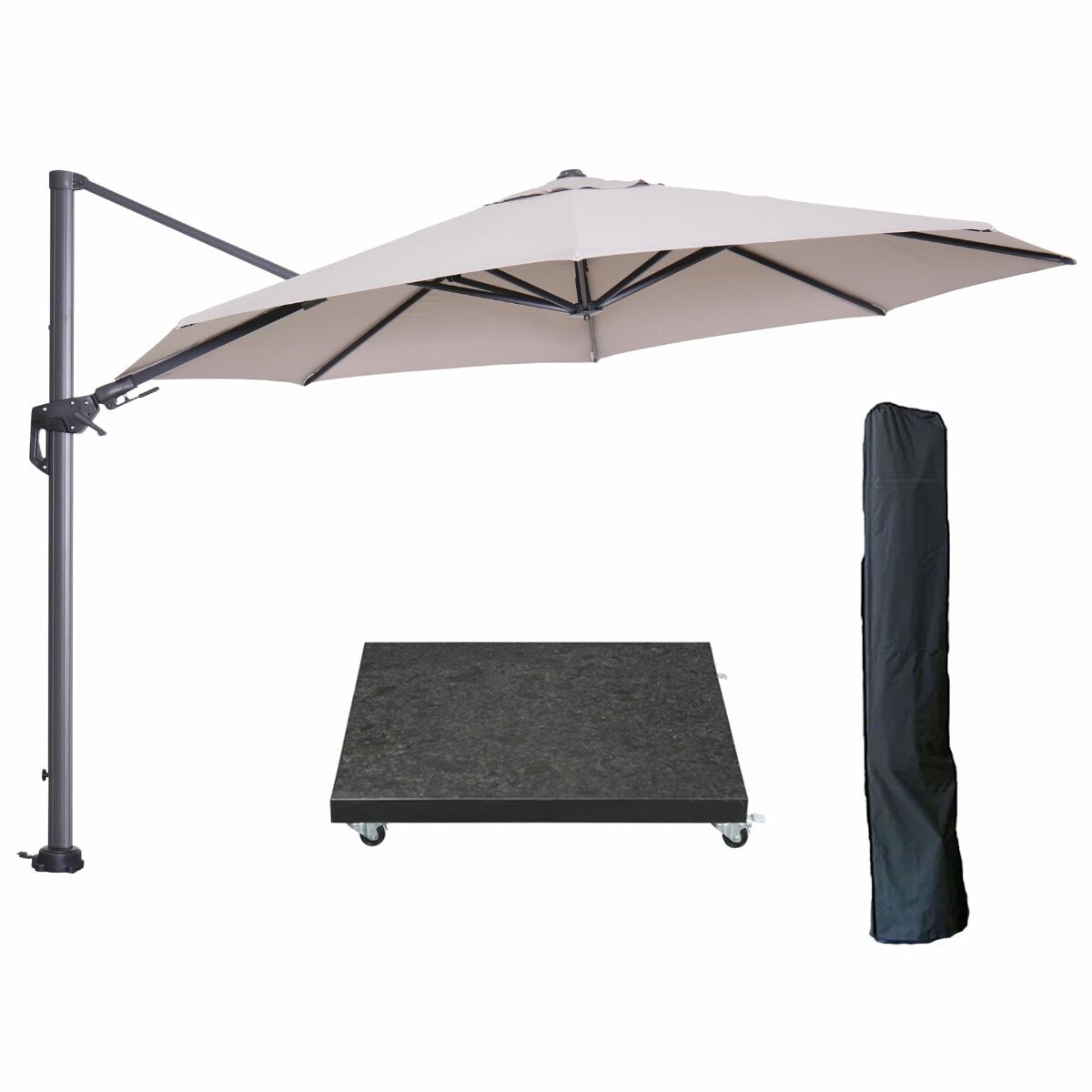 Garden Impressions Hawaii zweefparasol Ø350 cm carbon black / zand met 90kg royal antraciet parasolvoet en parasolhoes (6097100163173)