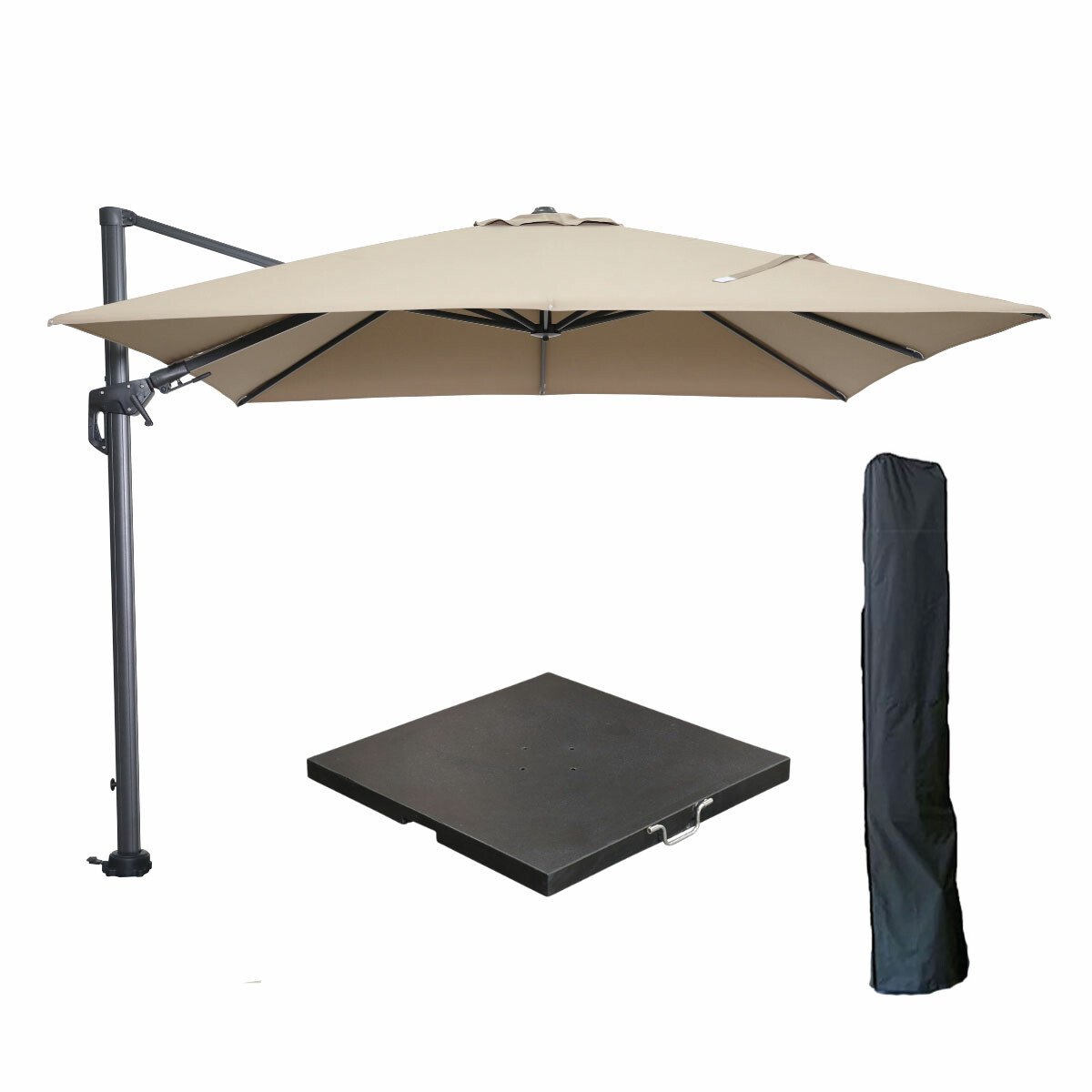 Hawaii zweefparasol 300x300 cm carbon black / taupe met black polished parasolvoet 90 kg en parasolhoes (6150830625653)