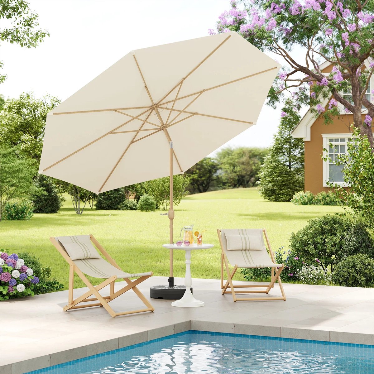 Parasol - Tuinparasol - Strandparasol - Zweefparasol - Balkon Parasol - Grote 300cm Buitenzonwering - met Draaikruk en UPF 50+ Bescherming - Beige (8721297925716)