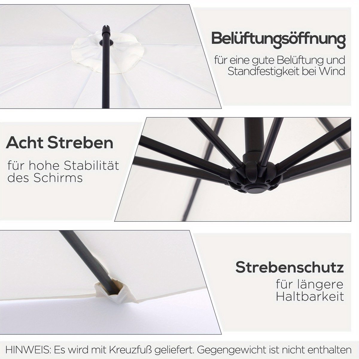 Zweefparasol - Cantilever Parasol - Hangparasol - Tuinparasol - Terrasparasol - 300 cm Rond - Crème Polyester Doek - Stalen Frame - Handmatige Slinger (8721391274857)